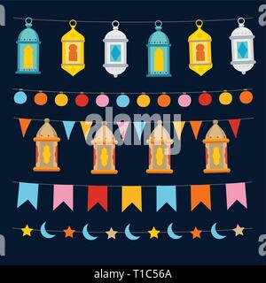 Ensemble de Ramadan Kareem strings et de guirlandes de lumières, colocrful lanternes marocaines, banderoles drapeaux, lune et étoiles. Collection de parti islamique Illustration de Vecteur