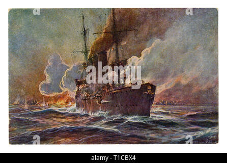 Carte postale historique allemand : un Allemand dresden classe de croiseur léger SMS Emden, réservoirs d'huile brûler à Madras, la première guerre mondiale 1914-1918. Allemagne Banque D'Images