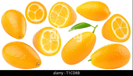 Kumquates isolés. Collection de kumquat (fortunella) frais d'agrumes, ensemble et couper, isolé sur fond blanc avec clipping path Banque D'Images