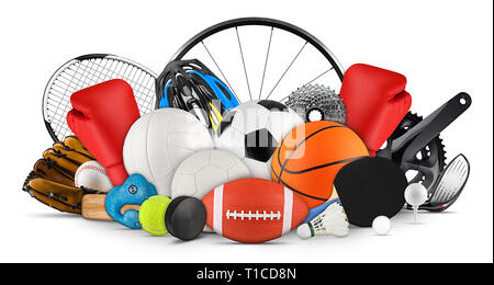 Collection énorme pile de l'équipement de sport de boules de différents sports concept isolé sur fond blanc Banque D'Images