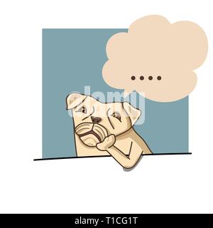 Un chien pug reste son menton sur ses pieds a été pensée avec fond bleu et fort flottant pour l'ajout de texte. vector illustration. Illustration de Vecteur