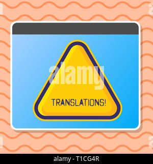 Écrit remarque montrant des traductions. Concept d'affaires écrit ou imprimé pour les processus de traduction de mots voix texte en relief avec triangle jaune blanc Banque D'Images