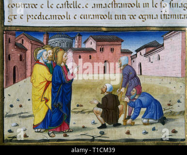 Cristoforo de Predis (1440-1486). Miniaturiste italien. Les pharisiens, miniature illustrant dans la crainte, présenter Jésus divers malade et il guérit. Le Codex de Predis, 1476. Bibliothèque royale. Turin. L'Italie. Banque D'Images
