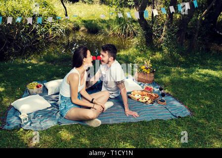 Jeune homme et femme sur un pique-nique dans un parc assis sur une couverture qui s'embrassent avec nez rouge de clown Selective focus Banque D'Images