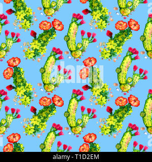 Cactus avec des fleurs roses et rouges, direct pattern design, illustration aquarelle peinte à la main, fond bleu lumineux Banque D'Images