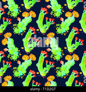 Cactus avec des fleurs rouges et jaunes, direct pattern design dans des couleurs néon, peinte à l'aquarelle illustration, fond bleu foncé Banque D'Images