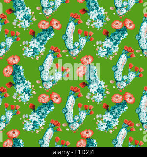 Cactus avec des fleurs roses et rouges, direct pattern design, illustration aquarelle peinte à la main, fond vert Banque D'Images