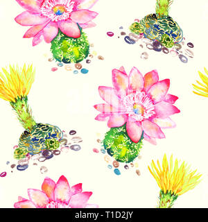 Cactus avec des fleurs roses et jaunes, direct pattern design, illustration, aquarelle peinte à la main soft fond jaune Banque D'Images