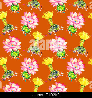 Cactus avec des fleurs roses et jaunes, direct pattern design, illustration, aquarelle peinte à la main sur fond orange lumineux Banque D'Images