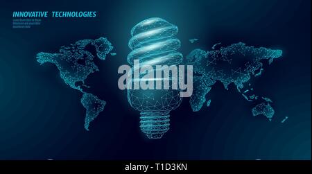 Lampe fluorescente compacte concept d'économies d'énergie. Planète monde poly basse polygonale globe carte. Save Eco écologie environnement green energy power concept Illustration de Vecteur