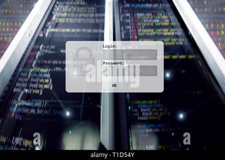 Salle de serveur, login et mot de passe demande d'accès aux données, et la sécurité. Banque D'Images
