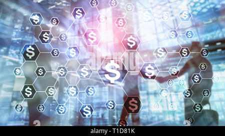 Dollars icônes, de l'argent, la structure de réseau. ICO, le commerce et l'investissement. Crowdfunding. Banque D'Images