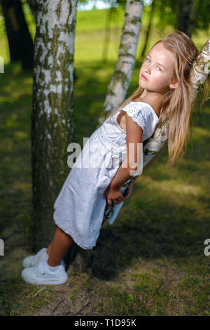 Portrait de belle petite fille en robe blanche serra bouleau Banque D'Images