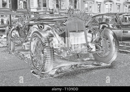 Les trois châteaux Vintage car rally, Llandudno. L'effet chrome donne à l'image un aspect métallique. Banque D'Images