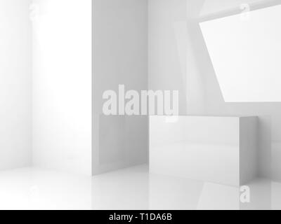 Résumé Contexte L'intérieur blanc, avec murs brillants et des cubes de l'installation, l'illustration 3D render Banque D'Images