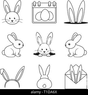 Les dessins au trait noir et blanc Set de lapin de Pâques Illustration de Vecteur