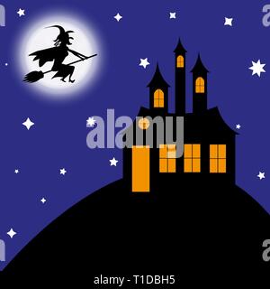 Sorcière sur un balai vole au château vector Illustration de Vecteur