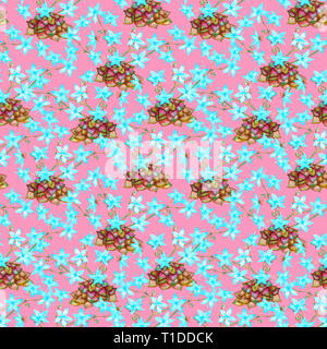 Les plantes succulentes jaune à fleurs bleues, direct pattern design, illustration aquarelle peinte à la main, sur fond rose doux Banque D'Images