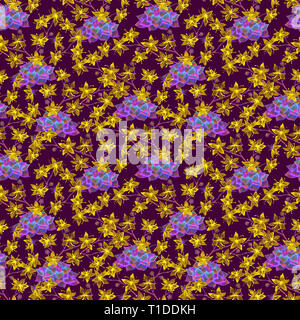 Les plantes succulentes bleu avec des fleurs jaunes, un pattern design, illustration aquarelle peinte à la main, fond violet foncé Banque D'Images