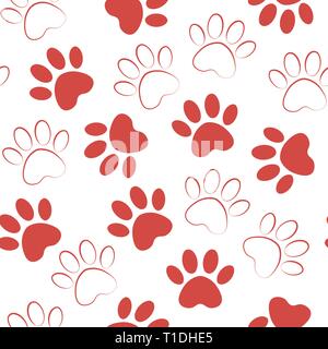 Toile avec silhouettes de chat ou chien rouge.L'empreinte de patte animal illustration vectorielle, pistes. Paw print sans couture. Illustration de Vecteur