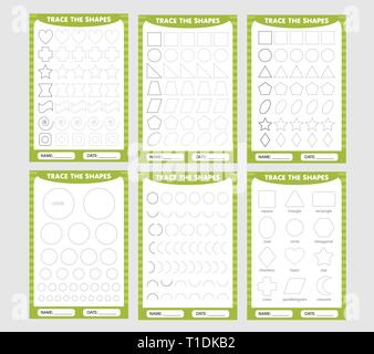 L'apprentissage pour les enfants, les tâches de dessin. green set of trace les formes géométriques autour du contour. Illustration de Vecteur