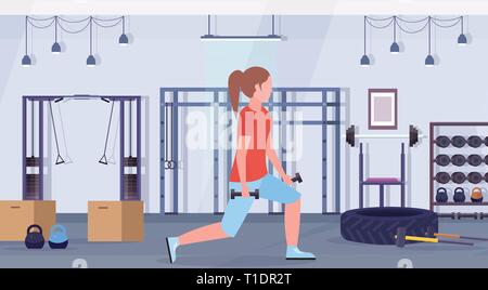 Sporty woman doing squats avec haltères girl formation dans les fesses de vie sain entraînement fitness club de remise en forme moderne concept horizontal intérieur studio Illustration de Vecteur