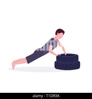 Sports man doing push-up exercice sur les pneus carrossier working out in gym entraînement dur de vie sain concept télévision fond blanc Illustration de Vecteur