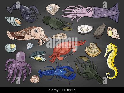 Différentes couleurs de fruits de mer à la main sur fond noir Illustration de Vecteur