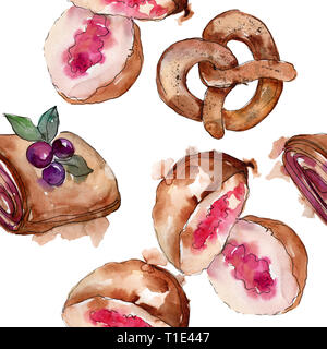 Gâteau savoureux et petit pain dans un style aquarelle. Illustration à l'aquarelle. Motif de fond transparent. Banque D'Images