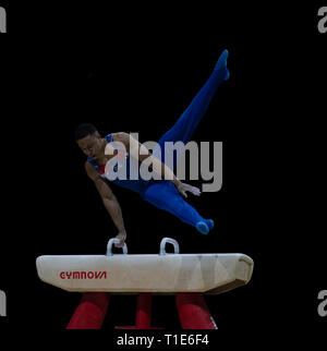 Joe Fraser (GO) en action lors de la Coupe du Monde de Gymnastique 2019 à l'Arène de Genting, France le 23 mars 2019. GlennSports. Banque D'Images