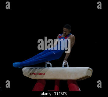 Joe Fraser (GO) en action lors de la Coupe du Monde de Gymnastique 2019 à l'Arène de Genting, France le 23 mars 2019. GlennSports. Banque D'Images