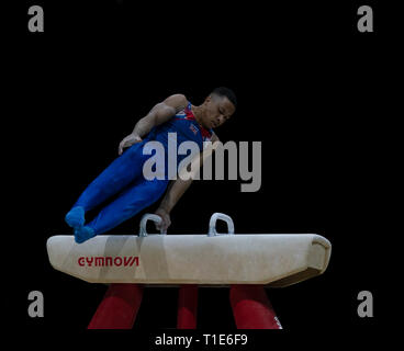 Joe Fraser (GO) en action lors de la Coupe du Monde de Gymnastique 2019 à l'Arène de Genting, France le 23 mars 2019. GlennSports. Banque D'Images