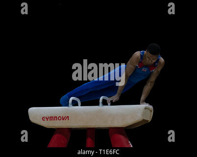 Joe Fraser (GO) en action lors de la Coupe du Monde de Gymnastique 2019 à l'Arène de Genting, France le 23 mars 2019. GlennSports. Banque D'Images