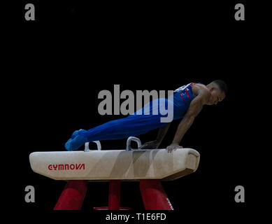 Joe Fraser (GO) en action lors de la Coupe du Monde de Gymnastique 2019 à l'Arène de Genting, France le 23 mars 2019. GlennSports. Banque D'Images