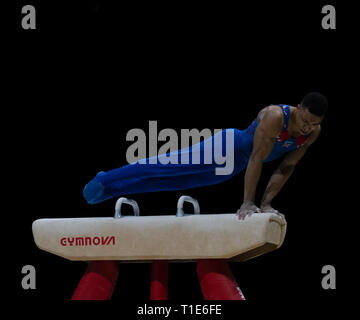 Joe Fraser (GO) en action lors de la Coupe du Monde de Gymnastique 2019 à l'Arène de Genting, France le 23 mars 2019. GlennSports. Banque D'Images