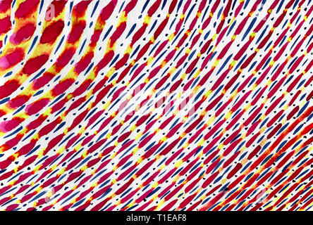 Contexte aquarelle abstraite aux lignes douces qui rayonnent à partir d'un coin. Imprime la brosse en bleu, rouge, rose et jaune sur fond blanc. Banque D'Images