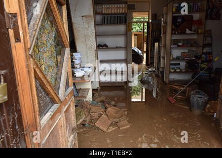 Shiraz, Iran. 25 Mar 2019. Les fortes pluies ont provoqué des inondations dans le sud de l'Iran. La ville de Shiraz qui expériences normalement peu de précipitations a été frappé par une grave inondation lundi, avec l'eau balayant voitures dans le centre de Shiraz. Les voitures ont été balayés et maisons endommagées par les inondations. Les véhicules sont également entassés sur Coran street ville de Chiraz, la province du Fars, Iran, lundi 25 mars, 2019. Credit : Amin Bre/Alamy Live News Banque D'Images