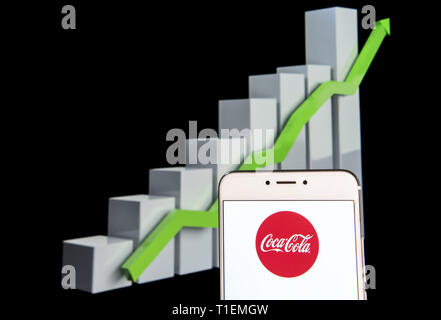 10 février 2019 - Hong Kong - Sur cette photo, l'illustration d'une boisson gazeuse américaine logo Coca-Cola fabriqués est vu sur un appareil mobile Android courbe de croissance avec une montée à l'arrière-plan. (Crédit Image : © Budrul Chukrut/SOPA des images à l'aide de Zuma sur le fil) Banque D'Images