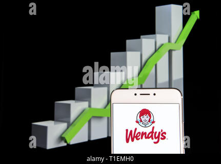 10 février 2019 - Hong Kong - Sur cette photo, l'illustration d'une chaîne de restauration rapide américaine Wendy's logo est vu sur un appareil mobile Android courbe de croissance avec une montée à l'arrière-plan. (Crédit Image : © Budrul Chukrut/SOPA des images à l'aide de Zuma sur le fil) Banque D'Images