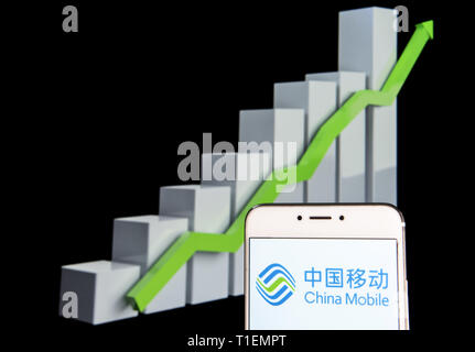 11 février 2019 - Hong Kong - Dans cette photo illustration appartenant à l'État chinois d'une société de télécommunications China Mobile logo est vu sur un appareil mobile Android courbe de croissance avec une montée à l'arrière-plan. (Crédit Image : © Budrul Chukrut/SOPA des images à l'aide de Zuma sur le fil) Banque D'Images