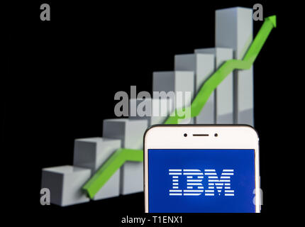 Hong Kong. 10 fév, 2019. Sur cette photo, l'illustration d'une multinationale américaine entreprise de technologie de l'information IBM logo est vu sur un appareil mobile Android courbe de croissance avec une montée à l'arrière-plan. Budrul Chukrut Crédit : SOPA/Images/ZUMA/Alamy Fil Live News Banque D'Images