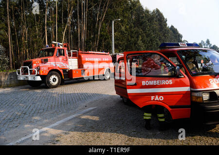 Esposende, Portugal. Mar 26, 2019. Les camions incendie vu lors d'un incendie qui a commencé en raison de températures chaudes au printemps, à 20 km de Viana do Castelo. Credit : Omar Marques/SOPA Images/ZUMA/Alamy Fil Live News Banque D'Images