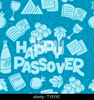 Modèle logique de la pâque juive Pessah . Texte hébreu happy Passover. Vector illustration monochrome dans la main esquisses stiyle. Fond bleu Illustration de Vecteur