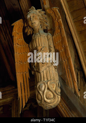 Détail de l'ange NE hammer-croisement terminal, sur perpendiculairement (C15e) toiture en bois sur le S nef de l'église St Mary, Cilcain, Flintshire, Pays de Galles, Royaume-Uni. Banque D'Images