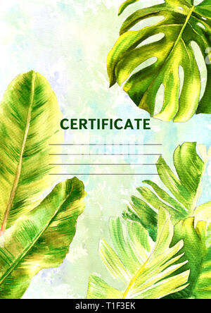 La conception du certificat avec l'aquarelle peint feuilles tropicales. Format vertical. L'illustration. La verticale Banque D'Images