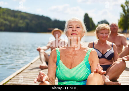 Faire un groupe Senior yoga méditation sur le lac dans un atelier de bien-être Banque D'Images