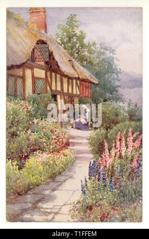 Carte postale originale d'Anne Hathaway, le jardin idyllique du Country Cottage à Stratford-upon-Avon, Warwickshire, Royaume-Uni, vers les années 1910 Banque D'Images