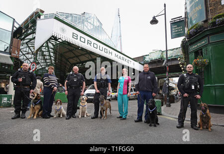 (De gauche à droite) PD Marci avec PC gestionnaire Neil Billany, PD Kai avec PC gestionnaire Jean Pearce, PD Bruno avec handler Rob Smith, PD Delta avec handler PC Mark Snoxhall, vet PEÉA Rosamund Ford, PD Dave avec handler PC Andy Salter et PD avec Jax PC gestionnaire Craig Howarth à Borough Market à Londres où les chiens ont été honorés avec l'APSS Ordre de mérite pour aider les services d'urgence au cours de la 2017 attentats terroristes à Londres Westminster Bridge, London Bridge et Borough Market. Banque D'Images