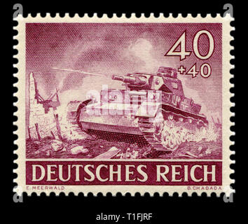 Historique allemand stamp : char moyen allemand Panzer PzKpfw IV sur les ruines de la ville homonyme. Wehrmacht, Memorial Day 1943 question Banque D'Images