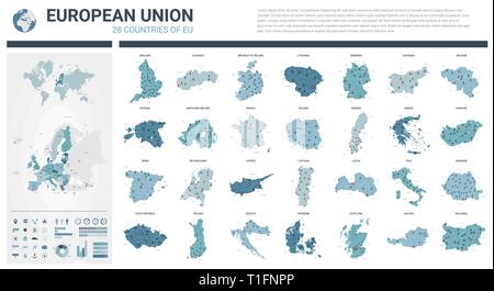 Jeu de cartes vectorielles. Des cartes détaillées des 28 pays de l'Union européenne (États membres) avec division administrative et villes. Une carte politique, carte de l'Eur Illustration de Vecteur